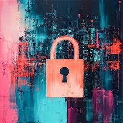 Poster - Colorful Abstract Painting Featuring Stylized Padlock Symbol Amidst Vibrant Blue and Pink Hues Suitable for Modern Decor
