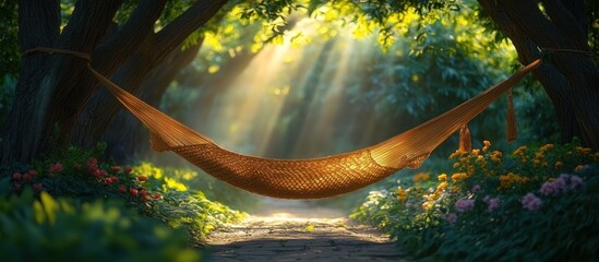 Poster - Empty hammock in sunlit garden path.