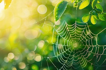Aufkleber - Dew-covered spider web glistens in sunlight amidst lush greenery in a serene natural setting during early morning hours