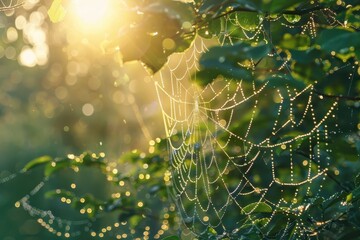 Aufkleber - Dew-covered spider web glistens in sunlight amidst lush greenery in a serene natural setting during early morning hours