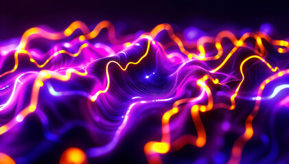 Wall Mural - Colorful abstract waves of energy with lightning-like patterns against a dark background.