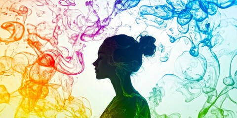 Poster - A colorful silhouette of a woman against a vibrant smoke background. The image embodies creativity and emotional expression. Ideal for artistic projects and personal inspiration. AI