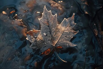 Poster - Frost-covered leaf rests delicately on a rock in a serene winter landscape showcasing nature's beauty