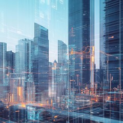 Poster - Modern Urban Skyline With Digital Data Overlay at Twilight, Showcasing the Blend of Technology and Architecture in a Vibrant Cityscape
