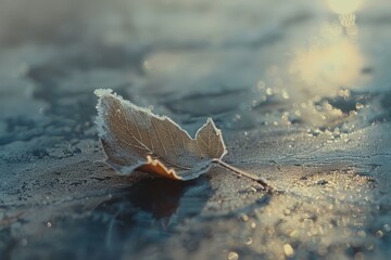 Poster - Frost-covered leaf rests delicately on a rock in a serene winter landscape showcasing nature's beauty