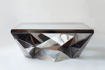 Poster - Stylish geometric concrete coffee table placed in a modern living room with leather furniture and wooden flooring