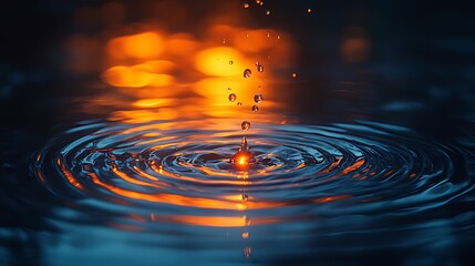 Water droplet falling, creating concentric ripples on dark blue water surface with warm orange bokeh background.