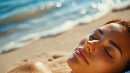 Serene Portrait of a Female Relaxing on the Beach, Emphasizing Beauty and Harmony in a Lying Down Closeup