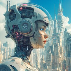 Poster - Futuristic Humanoid Robot Stands Against a Backdrop of Advanced Urban Architecture and Skyscrapers in a Bright Blue Sky