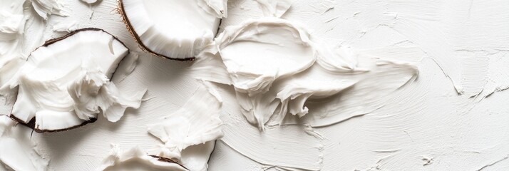 Wall Mural - Fresh Ripe Coconut Pieces on White Background - Nutrient-Dense Ingredient for Health and Art