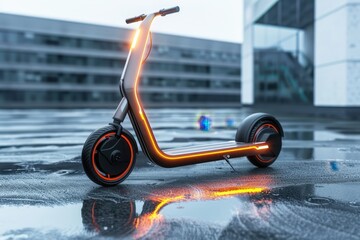 Poster - Modern electric scooter parked on a stylish pathway surrounded by nature at sunset in an urban environment