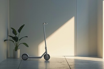Poster - Modern electric scooter parked on a stylish pathway surrounded by nature at sunset in an urban environment