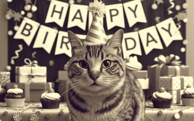  Tabby cat in party hat with gifts and cupcakes.