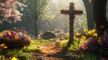 Aufkleber - Easter eggs rest in a wicker basket next to a wooden cross adorned with flowers in a stunning spring woodland