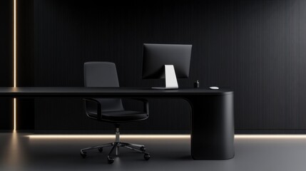 Poster - Sleek, modern office workspace with a black desk, chair, and computer, all set against a dark wall with vertical lines and illuminated by a strip of warm light