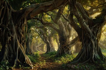 Poster - Sunlight filters through dense twisted trees in a serene forest path in the early morning hours