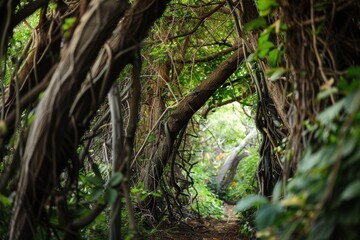 Poster - Sunlight filters through dense twisted trees in a serene forest path in the early morning hours