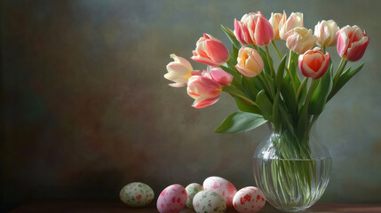 Poster - Beautiful still life with pink and yellow tulips in a glass vase and decorated easter eggs on a table