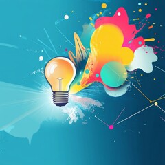 Aufkleber - Bright Bulb Illuminating Colorful Abstract Design With Paint Splashes and Geometric Shapes on a Blue Background