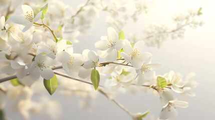 Poster - Gentle spring sunlight illuminates delicate white flowers blooming on branches, creating a serene easter ambiance