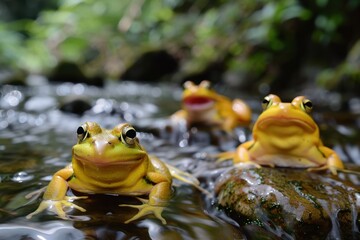 Poster - Colorful frogs resting on rocks in a serene stream surrounded by lush greenery during a sunny day in nature