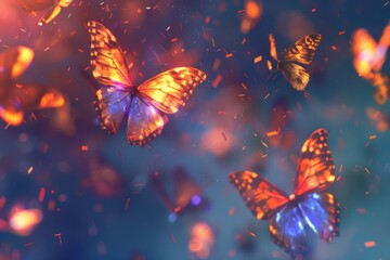 Poster - Colorful butterflies fluttering in a sunlit forest, creating a mesmerizing display of nature's beauty during late afternoon
