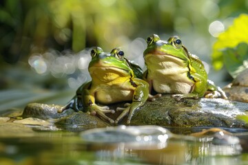 Poster - Colorful frogs resting on rocks in a serene stream surrounded by lush greenery during a sunny day in nature