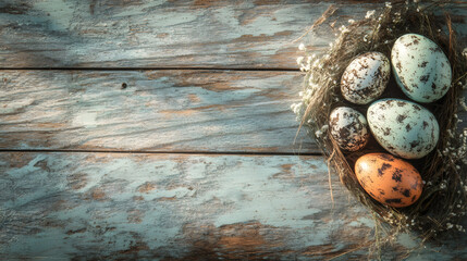 Poster - Pastel-colored easter eggs sitting on a straw nest with white flowers, adding a cozy and festive touch to a rustic wooden table
