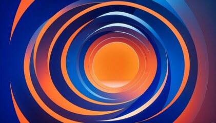 Poster - abstract with concentric circles creating an effect of depth and movement. orange, blue and violet with smooth gradient transitions. The circles are arranged around a central point, decreasing towards