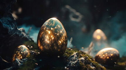 Poster - Golden easter eggs glowing on a mossy surface, creating a magical atmosphere in a fantasy setting