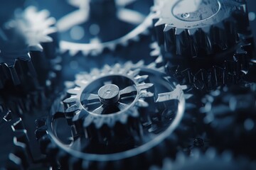 Leinwandbilder - Gears interlocking in a mechanical setup illuminated with vibrant colors, showcasing intricate designs and textures in a dynamic arrangement