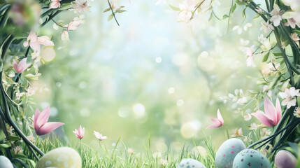 Poster - Pastel colored easter eggs lying in green grass surrounded by beautiful spring flowers forming a heart shape
