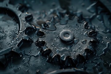 Poster - Close-up view of a metallic gear with water droplets highlighting the intricate details, captured in a dimly lit environment to emphasize texture and design