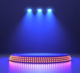 Poster - Colorful Circular Stage Illuminated by Blue and Orange Lights in an Empty Performance Space During a Nighttime Event