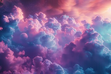 Poster - Vibrant blue clouds illuminated by light beams create a surreal, otherworldly atmosphere in a digital space