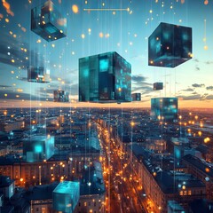 Aufkleber - Futuristic City Skyline With Glowing Cubes Hovering Above Urban Landscape During Twilight Hours