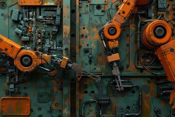 Leinwandbilder - Detailed robotic arms showcasing intricate engineering and design in an exhibition on advanced technology in robotics