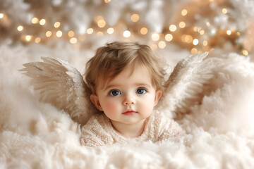 Wall Mural - Adorable Baby Angel with white wings, on a fluffy blanket, looking at a camera, in a warm and soft atmosphere, for Christmas, or holiday themes	
