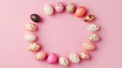 Poster - Easter eggs arranged in a colorful circle on a pink background, creating a joyful and festive setting for seasonal festivities