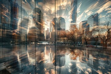 Aufkleber - City skyline reflecting on a glass structure with silhouettes of people walking during sunset in an urban environment