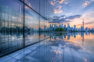 Fototapete - City skyline reflecting on a glass structure with silhouettes of people walking during sunset in an urban environment