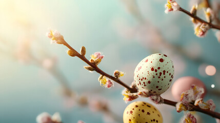 Poster - Easter eggs with red speckles hanging on a blooming twig with bokeh effect and sunlight in the background