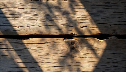 Wall Mural - Weathered wooden planks with shadows cast across the surface, create an interesting textural pattern.