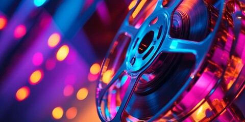 Poster - A vibrant film reel shines brightly with colorful neon lights reflecting off its surface. This image captures the essence of cinema with a modern, artistic touch. Perfect for creative projects. AI