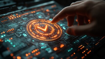 Poster - Touching a Glowing Digital Interface With a Check Mark Symbol at a High-Tech Workspace During the Evening Hours