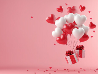 Wall Mural - Valentine's Day gift,gifts, candy, red, white balloons in the shape of a heart on a pink background