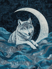 Wall Mural - Nightly Mystique: A Wolf Silhouetted Against a Crescent Moon Pattern