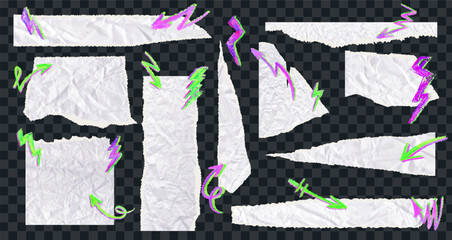 Poster - set of torn paper pieces with neon green arrows and acid pink thunder. white grunge jagged borders, 
