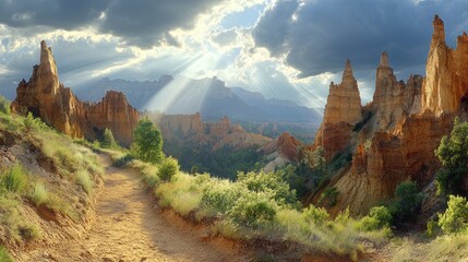 Wall Mural - Sunbeams illuminate a scenic canyon trail.