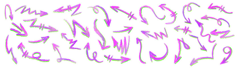 Poster - neon pink arrows set. wax crayon drawing grafitti elements in with green shadow. collection of vecto